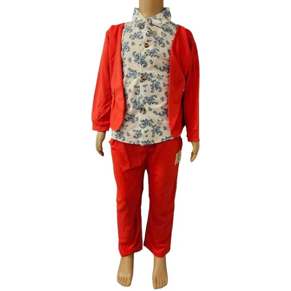 18-24M 2pcs Red Orange and White with Blue  Flower Faux Suit - Picture 2 of 11
